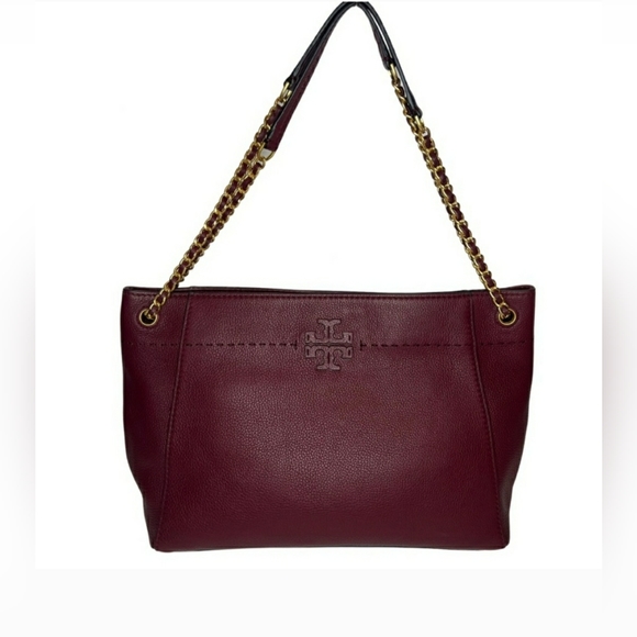Tory Burch Designer McGraw Leather Burgundy Tote Purse Handbag - Picture 2 of 12